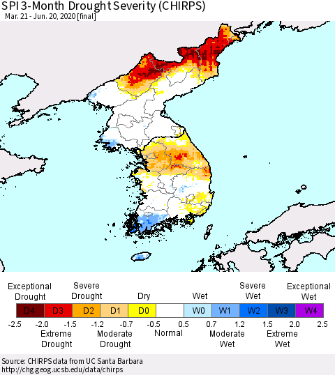 Korea SPI 3-Month Drought Severity (CHIRPS) Thematic Map For 3/21/2020 - 6/20/2020