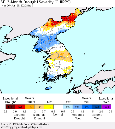 Korea SPI 3-Month Drought Severity (CHIRPS) Thematic Map For 3/26/2020 - 6/25/2020
