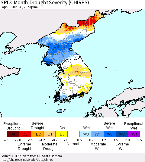 Korea SPI 3-Month Drought Severity (CHIRPS) Thematic Map For 4/1/2020 - 6/30/2020