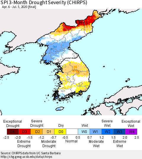 Korea SPI 3-Month Drought Severity (CHIRPS) Thematic Map For 4/6/2020 - 7/5/2020