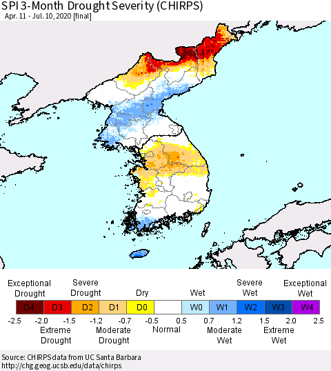 Korea SPI 3-Month Drought Severity (CHIRPS) Thematic Map For 4/11/2020 - 7/10/2020