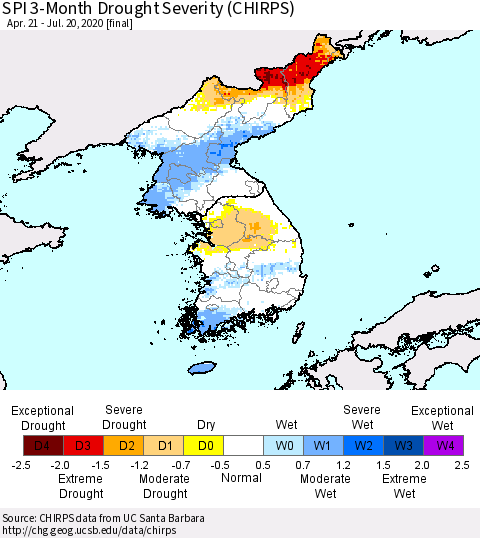 Korea SPI 3-Month Drought Severity (CHIRPS) Thematic Map For 4/21/2020 - 7/20/2020