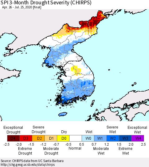 Korea SPI 3-Month Drought Severity (CHIRPS) Thematic Map For 4/26/2020 - 7/25/2020