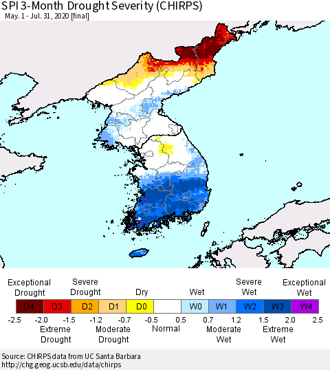Korea SPI 3-Month Drought Severity (CHIRPS) Thematic Map For 5/1/2020 - 7/31/2020