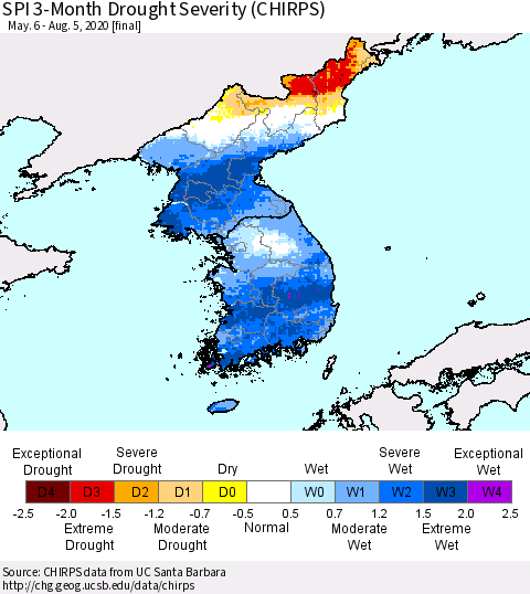 Korea SPI 3-Month Drought Severity (CHIRPS) Thematic Map For 5/6/2020 - 8/5/2020