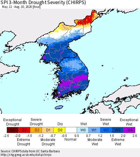Korea SPI 3-Month Drought Severity (CHIRPS) Thematic Map For 5/11/2020 - 8/10/2020