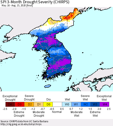 Korea SPI 3-Month Drought Severity (CHIRPS) Thematic Map For 5/16/2020 - 8/15/2020