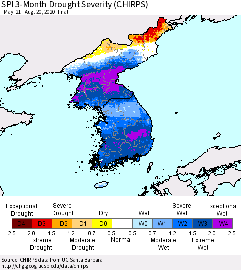 Korea SPI 3-Month Drought Severity (CHIRPS) Thematic Map For 5/21/2020 - 8/20/2020