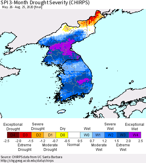 Korea SPI 3-Month Drought Severity (CHIRPS) Thematic Map For 5/26/2020 - 8/25/2020