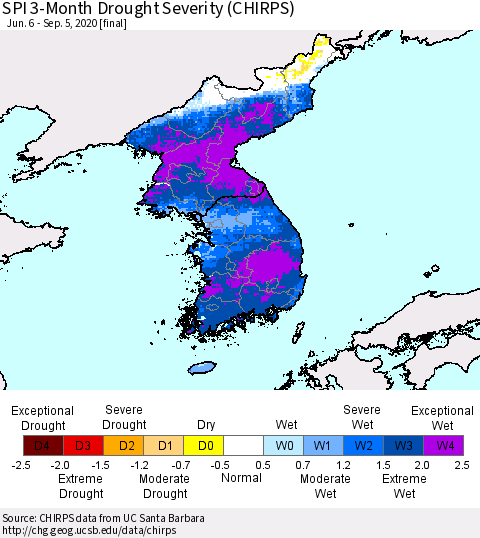 Korea SPI 3-Month Drought Severity (CHIRPS) Thematic Map For 6/6/2020 - 9/5/2020