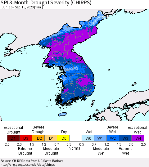 Korea SPI 3-Month Drought Severity (CHIRPS) Thematic Map For 6/16/2020 - 9/15/2020