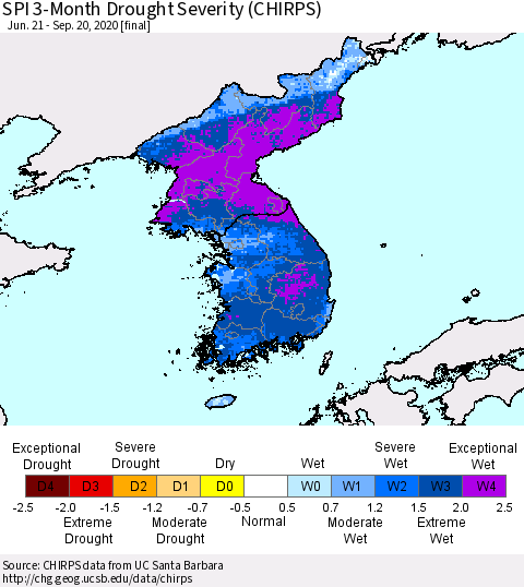 Korea SPI 3-Month Drought Severity (CHIRPS) Thematic Map For 6/21/2020 - 9/20/2020
