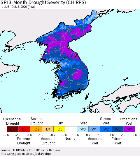Korea SPI 3-Month Drought Severity (CHIRPS) Thematic Map For 7/6/2020 - 10/5/2020