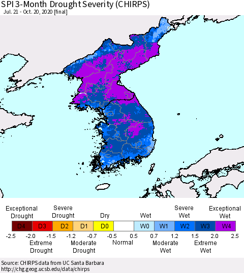 Korea SPI 3-Month Drought Severity (CHIRPS) Thematic Map For 7/21/2020 - 10/20/2020