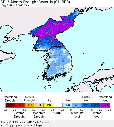 Korea SPI 3-Month Drought Severity (CHIRPS) Thematic Map For 8/6/2020 - 11/5/2020