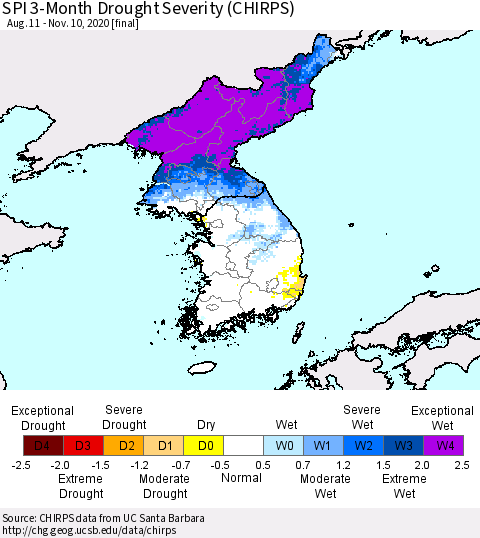 Korea SPI 3-Month Drought Severity (CHIRPS) Thematic Map For 8/11/2020 - 11/10/2020