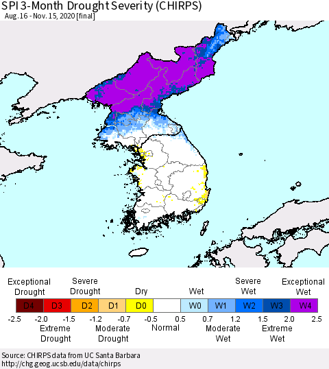 Korea SPI 3-Month Drought Severity (CHIRPS) Thematic Map For 8/16/2020 - 11/15/2020