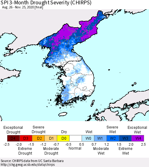 Korea SPI 3-Month Drought Severity (CHIRPS) Thematic Map For 8/26/2020 - 11/25/2020