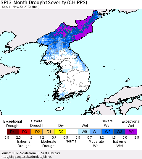 Korea SPI 3-Month Drought Severity (CHIRPS) Thematic Map For 9/1/2020 - 11/30/2020