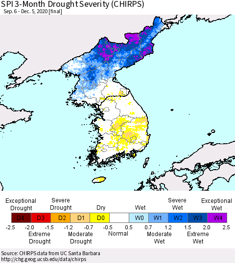 Korea SPI 3-Month Drought Severity (CHIRPS) Thematic Map For 9/6/2020 - 12/5/2020