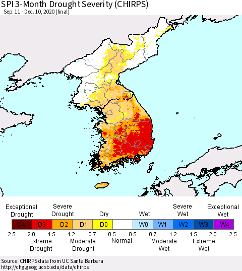 Korea SPI 3-Month Drought Severity (CHIRPS) Thematic Map For 9/11/2020 - 12/10/2020