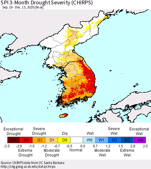 Korea SPI 3-Month Drought Severity (CHIRPS) Thematic Map For 9/16/2020 - 12/15/2020