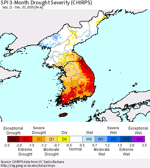 Korea SPI 3-Month Drought Severity (CHIRPS) Thematic Map For 9/21/2020 - 12/20/2020