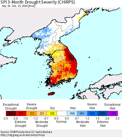 Korea SPI 3-Month Drought Severity (CHIRPS) Thematic Map For 9/26/2020 - 12/25/2020