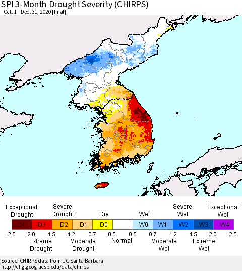 Korea SPI 3-Month Drought Severity (CHIRPS) Thematic Map For 10/1/2020 - 12/31/2020
