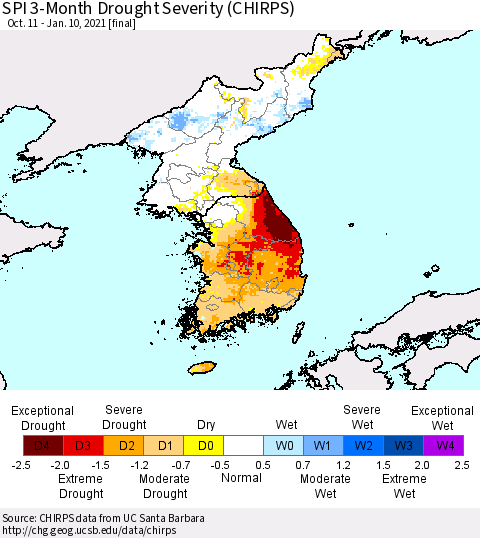 Korea SPI 3-Month Drought Severity (CHIRPS) Thematic Map For 10/11/2020 - 1/10/2021
