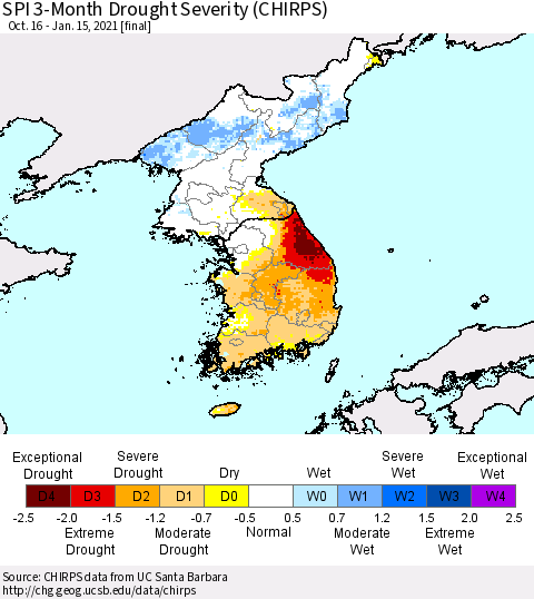 Korea SPI 3-Month Drought Severity (CHIRPS) Thematic Map For 10/16/2020 - 1/15/2021