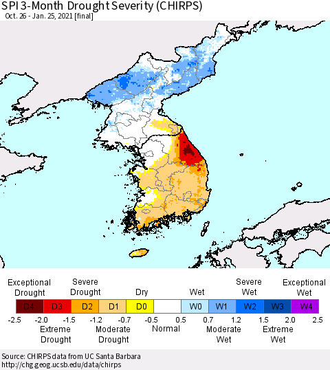 Korea SPI 3-Month Drought Severity (CHIRPS) Thematic Map For 10/26/2020 - 1/25/2021