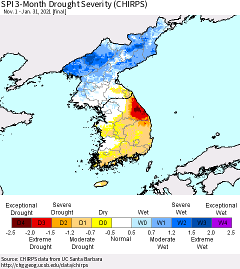 Korea SPI 3-Month Drought Severity (CHIRPS) Thematic Map For 11/1/2020 - 1/31/2021