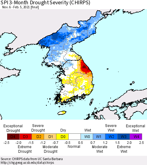 Korea SPI 3-Month Drought Severity (CHIRPS) Thematic Map For 11/6/2020 - 2/5/2021