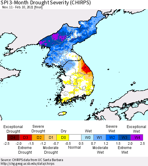 Korea SPI 3-Month Drought Severity (CHIRPS) Thematic Map For 11/11/2020 - 2/10/2021