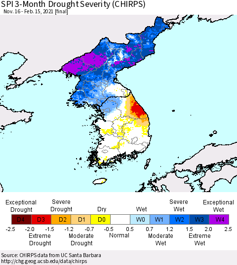 Korea SPI 3-Month Drought Severity (CHIRPS) Thematic Map For 11/16/2020 - 2/15/2021
