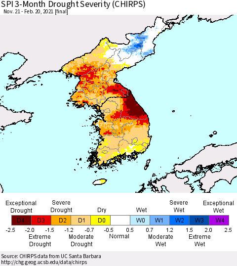 Korea SPI 3-Month Drought Severity (CHIRPS) Thematic Map For 11/21/2020 - 2/20/2021