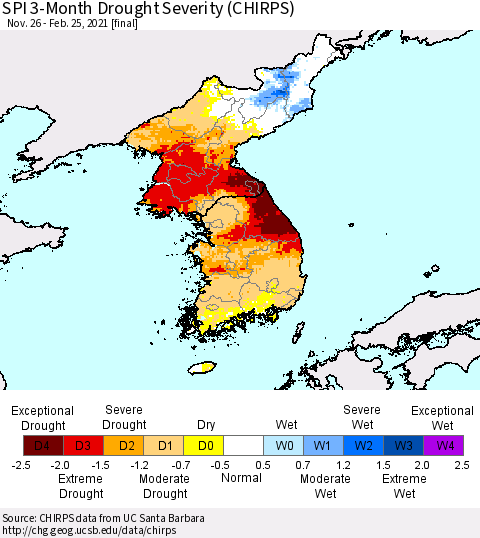 Korea SPI 3-Month Drought Severity (CHIRPS) Thematic Map For 11/26/2020 - 2/25/2021