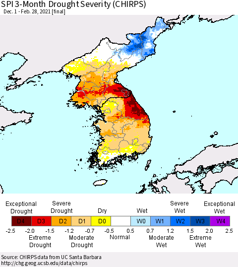 Korea SPI 3-Month Drought Severity (CHIRPS) Thematic Map For 12/1/2020 - 2/28/2021