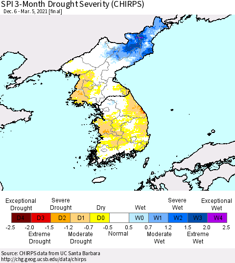 Korea SPI 3-Month Drought Severity (CHIRPS) Thematic Map For 12/6/2020 - 3/5/2021