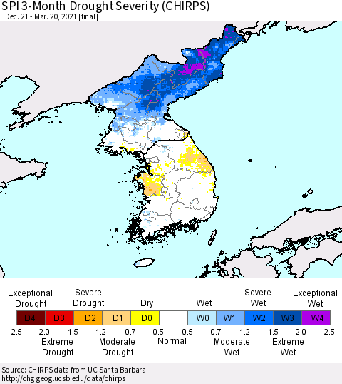 Korea SPI 3-Month Drought Severity (CHIRPS) Thematic Map For 12/21/2020 - 3/20/2021
