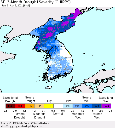 Korea SPI 3-Month Drought Severity (CHIRPS) Thematic Map For 1/6/2021 - 4/5/2021