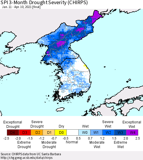 Korea SPI 3-Month Drought Severity (CHIRPS) Thematic Map For 1/11/2021 - 4/10/2021