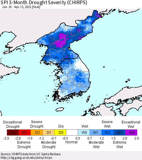 Korea SPI 3-Month Drought Severity (CHIRPS) Thematic Map For 1/16/2021 - 4/15/2021