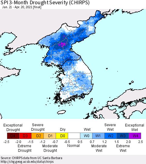 Korea SPI 3-Month Drought Severity (CHIRPS) Thematic Map For 1/21/2021 - 4/20/2021