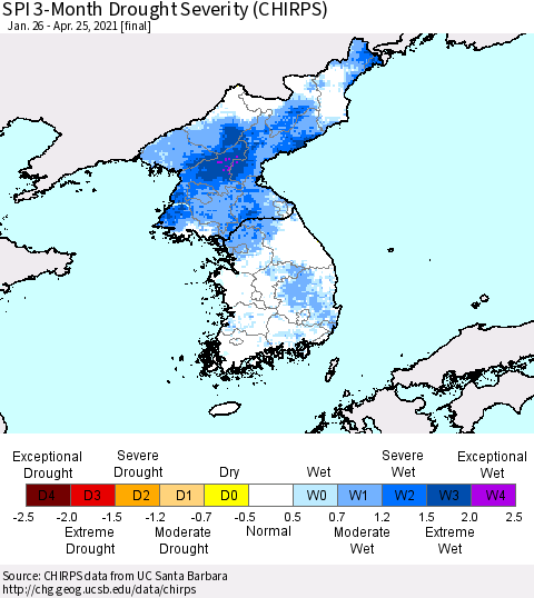 Korea SPI 3-Month Drought Severity (CHIRPS) Thematic Map For 1/26/2021 - 4/25/2021