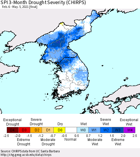 Korea SPI 3-Month Drought Severity (CHIRPS) Thematic Map For 2/6/2021 - 5/5/2021