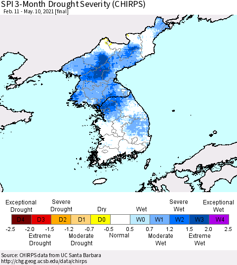 Korea SPI 3-Month Drought Severity (CHIRPS) Thematic Map For 2/11/2021 - 5/10/2021