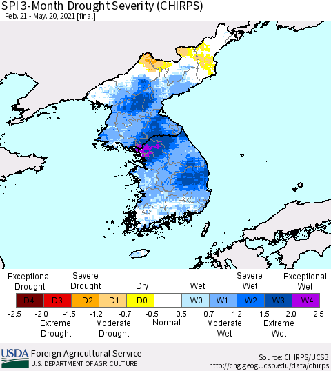 Korea SPI 3-Month Drought Severity (CHIRPS) Thematic Map For 2/21/2021 - 5/20/2021
