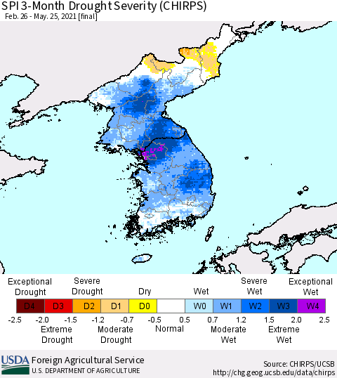 Korea SPI 3-Month Drought Severity (CHIRPS) Thematic Map For 2/26/2021 - 5/25/2021